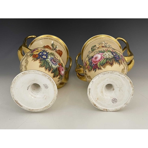 795 - A pair of Copeland & Garrett porcelain pedestal vases, circa 1835, baluster form, with two gilded lo... 