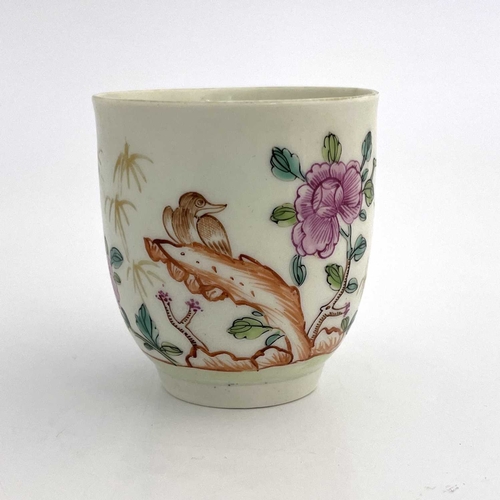 796 - A Worcester polychrome coffee cup, circa 1768, painted with bird on a rock and peony design, 6.5cm h... 