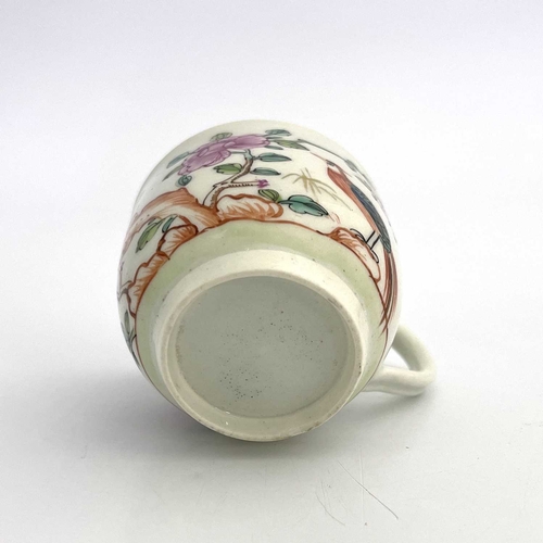 796 - A Worcester polychrome coffee cup, circa 1768, painted with bird on a rock and peony design, 6.5cm h... 