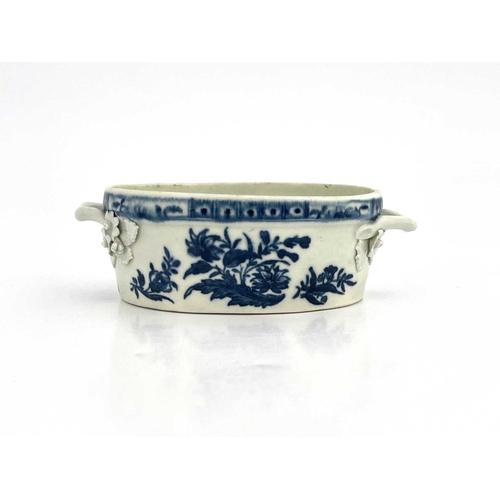 797 - A Worcester blue and white twin handled butter dish, circa 1770, crescent mark, decorated in the Thr... 