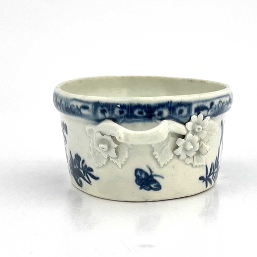 797 - A Worcester blue and white twin handled butter dish, circa 1770, crescent mark, decorated in the Thr... 