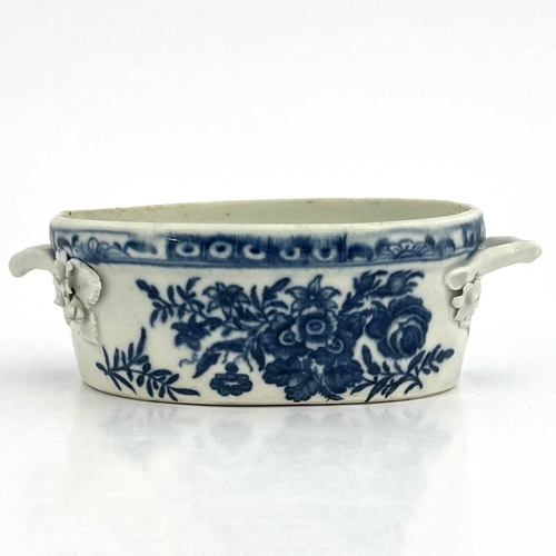 797 - A Worcester blue and white twin handled butter dish, circa 1770, crescent mark, decorated in the Thr... 