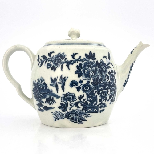 798 - A Worcester blue and white teapot, crescent mark, circa 1770, transfer printed in the Fence pattern,... 