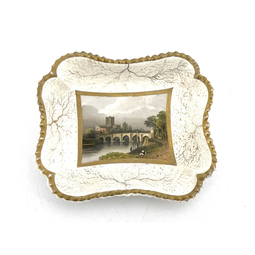 803 - A Doe and Rogers, Worcester scene painted dish, the central image of Hereford Cathedral and bridge, ... 