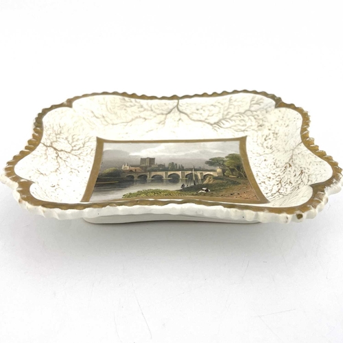 803 - A Doe and Rogers, Worcester scene painted dish, the central image of Hereford Cathedral and bridge, ... 