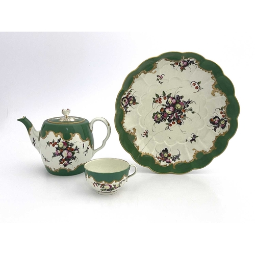 807 - Worcester polychrome and chartreuse green border tea ware, Meissen crossed sword mark, circa 1760, i... 