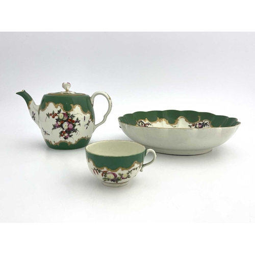 807 - Worcester polychrome and chartreuse green border tea ware, Meissen crossed sword mark, circa 1760, i... 