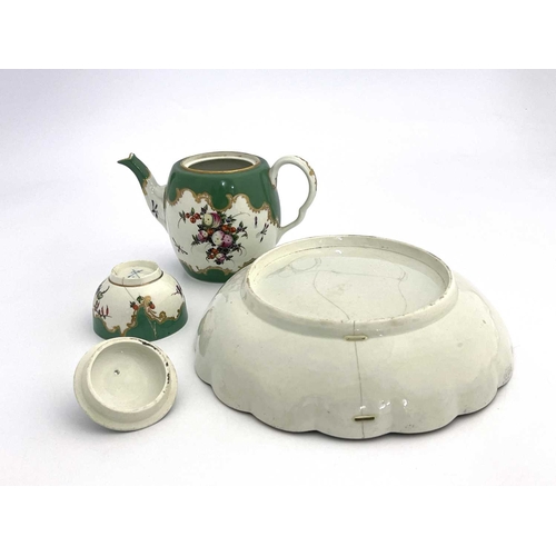 807 - Worcester polychrome and chartreuse green border tea ware, Meissen crossed sword mark, circa 1760, i... 