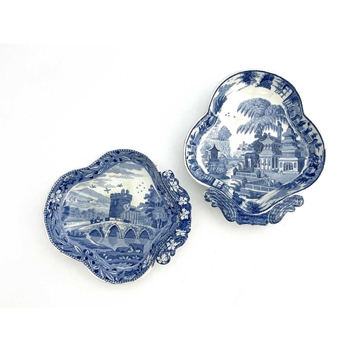 813 - Two Spode blue and white strawberry dishes, circa 1820, trefoil form with foliate handles, one with ... 