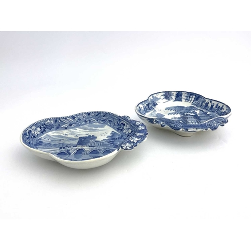 813 - Two Spode blue and white strawberry dishes, circa 1820, trefoil form with foliate handles, one with ... 