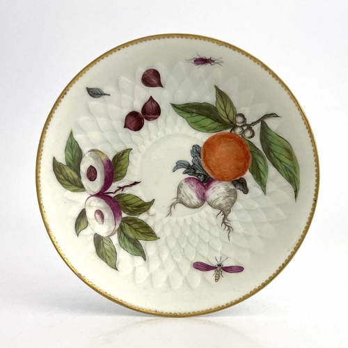 814 - A Chelsea gold anchor botanical saucer, circa 1760, Hans Sloane style specimens on relief moulded sc... 