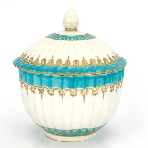 816 - A Chelsea Derby sucriere and cover, circa 1770, reeded hemispherical form with celeste blue and gilt... 