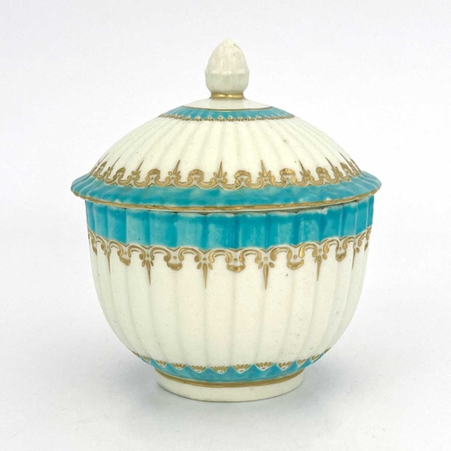 816 - A Chelsea Derby sucriere and cover, circa 1770, reeded hemispherical form with celeste blue and gilt... 