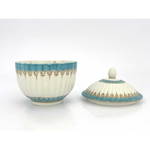 816 - A Chelsea Derby sucriere and cover, circa 1770, reeded hemispherical form with celeste blue and gilt... 