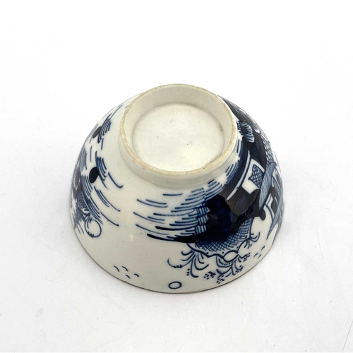 818 - A Lowestoft blue and white tea bowl, circa 1770, painted with a Chinese landscape of pagodas and isl... 