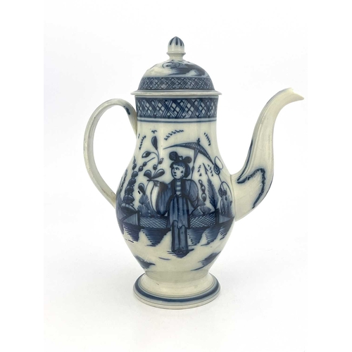 833 - A Leeds pearlware blue and white coffee pot, circa 1790, baluster form painted with Chinese figures ... 