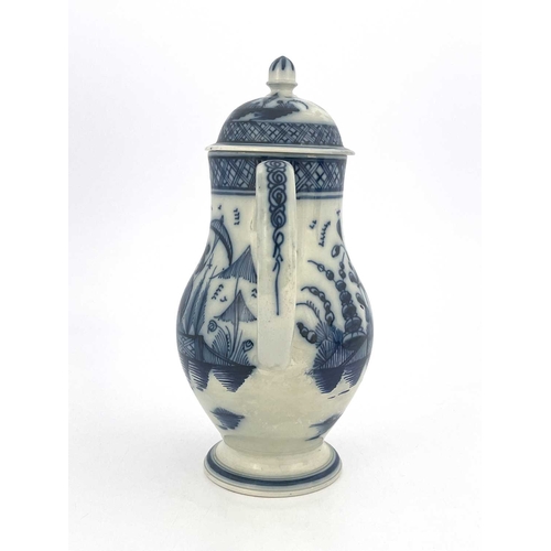 833 - A Leeds pearlware blue and white coffee pot, circa 1790, baluster form painted with Chinese figures ... 