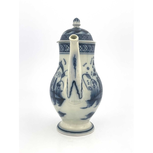 833 - A Leeds pearlware blue and white coffee pot, circa 1790, baluster form painted with Chinese figures ... 