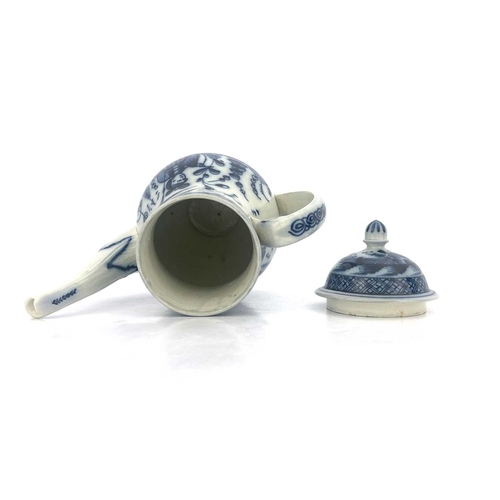 833 - A Leeds pearlware blue and white coffee pot, circa 1790, baluster form painted with Chinese figures ... 