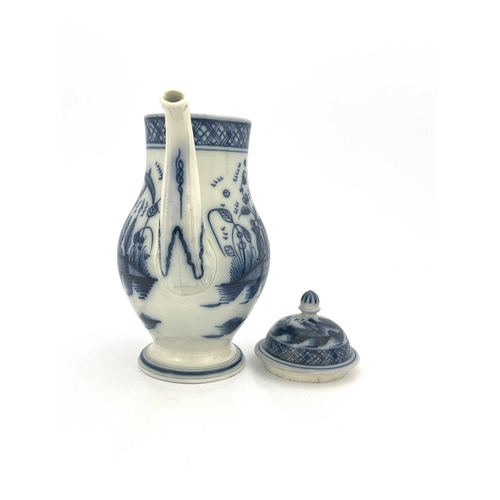 833 - A Leeds pearlware blue and white coffee pot, circa 1790, baluster form painted with Chinese figures ... 