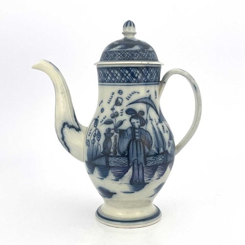 833 - A Leeds pearlware blue and white coffee pot, circa 1790, baluster form painted with Chinese figures ... 