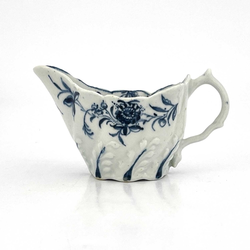 835 - A Lowestoft blue and white Low Chelsea ewer cream boat, numeral 5 mark, circa 1760-65, relief moulde... 