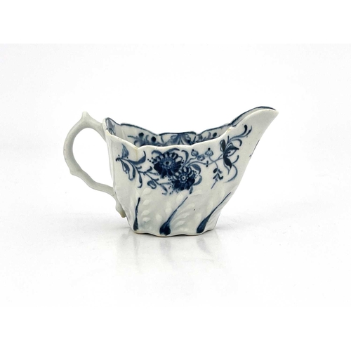 835 - A Lowestoft blue and white Low Chelsea ewer cream boat, numeral 5 mark, circa 1760-65, relief moulde... 