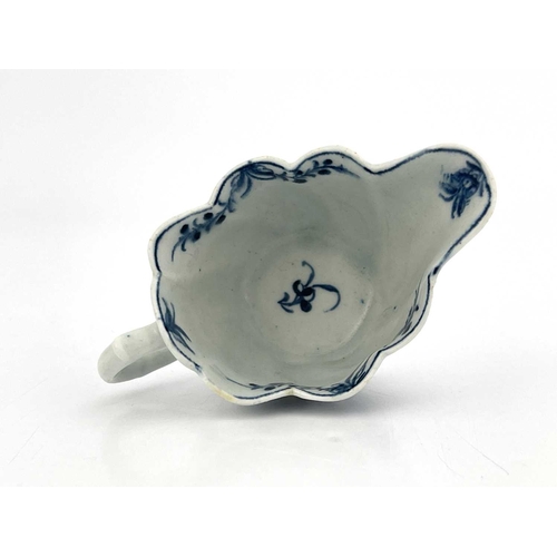 835 - A Lowestoft blue and white Low Chelsea ewer cream boat, numeral 5 mark, circa 1760-65, relief moulde... 