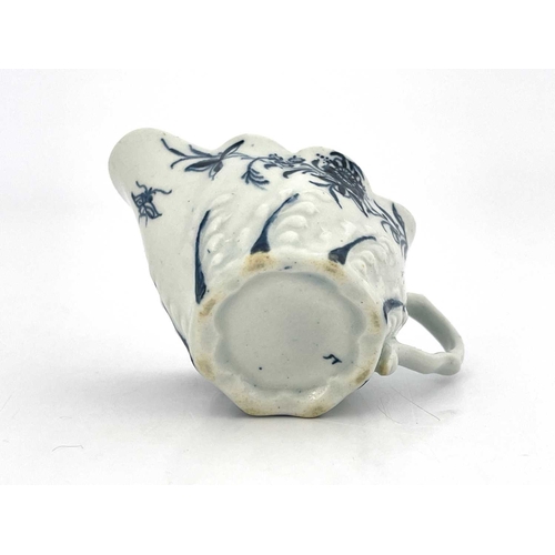 835 - A Lowestoft blue and white Low Chelsea ewer cream boat, numeral 5 mark, circa 1760-65, relief moulde... 