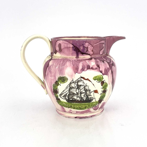 840 - A pink lustre jug, circa 1830, North East England, printed with sailing ships. 14.5 cm tall.