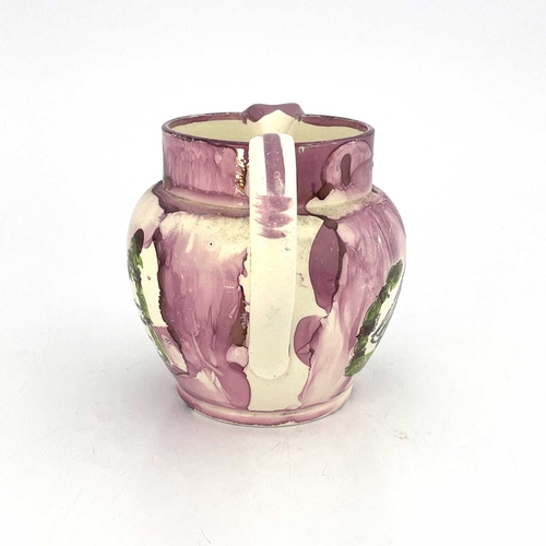 840 - A pink lustre jug, circa 1830, North East England, printed with sailing ships. 14.5 cm tall.