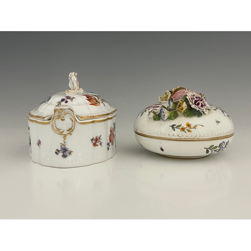 691A - A Meissen circular box and cover, late 19th Century, florally encrusted and twig handle, polychrome ... 