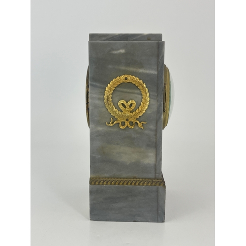 440A - A German bracket clock, late 19th Century, stepped grey marble case of architectural form with gilt ... 