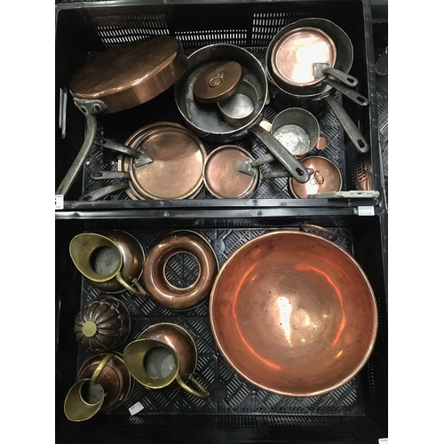 15 - A collection of copper, including pots and saucepans, bowl, jugs, and jelly mould (2 trays)