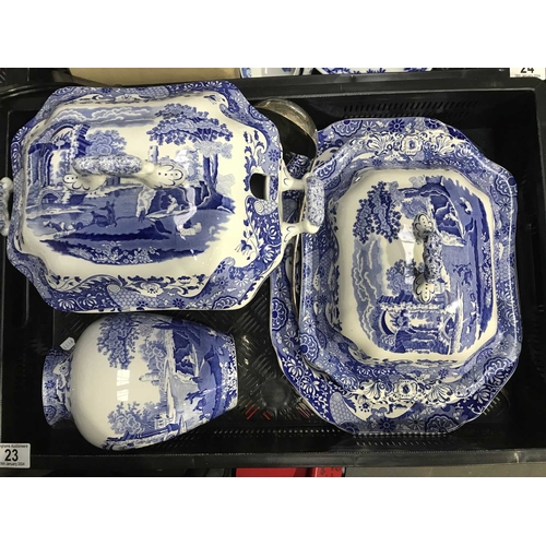 23 - A Spode blue and white Italian pattern soup tureen and cover, octagonal footed form, together with a... 