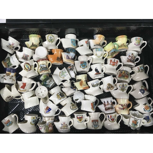 37 - A Collection of crested miniature shaving mugs, including Arcadian, Dainty Ware, etc (2 trays)