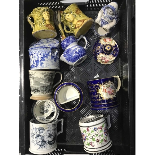 58 - A collection of early 19th century and later English and continental shaving mugs, including blue an... 