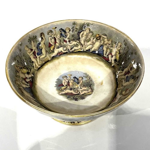 70 - Two Prattware punch bowls, circular form, printed with Bacchanalian scenes, 34cm diameter (2)