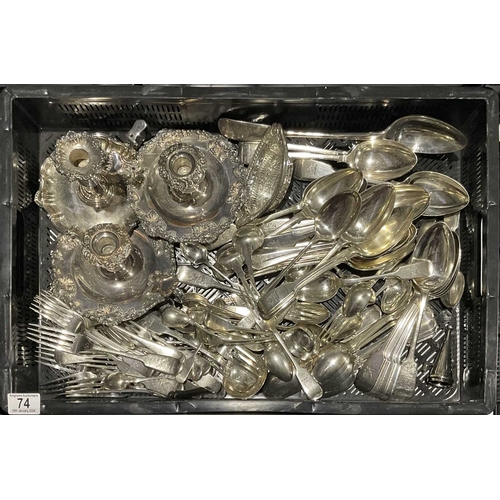 74 - A Collection of silver plated flatware, three plated chambersticks, reticulated oval dishes and othe... 