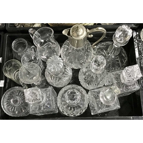 91 - A collection of cut glass serving vessels, including seven decanters and stoppers, plated jug etc (1... 