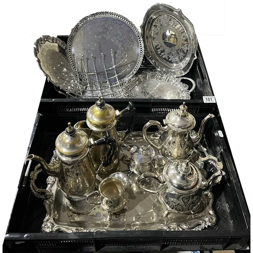 101 - A collection of electroplate and metalware including a twin handled tray, waiter, two coffee pots, p... 