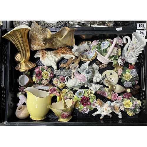 104 - A collection of ceramics, to include a Sylvac golden collie, Branksome china dogs, posy bowls, a Roy... 