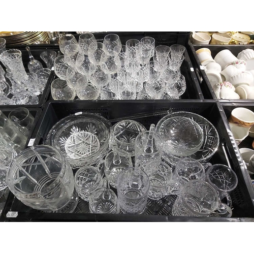 106 - A large collection of cut glass, including sherry and wine sets, tumblers, tankards etc (6 trays)