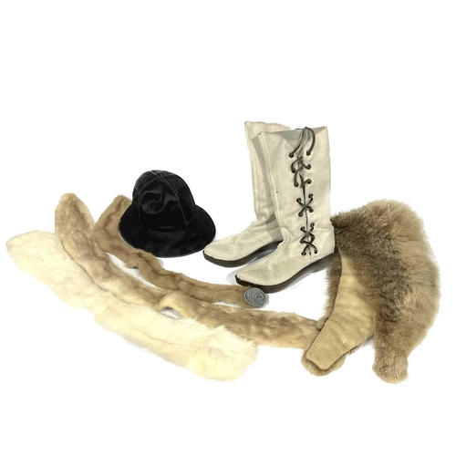 149 - A pair of Robert Clergerie vintage goat fur boots, a moleskin hat, and a selection of fur collars an... 