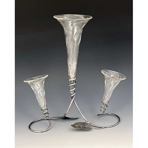 155 - An Arts and Crafts silver plated and glass epergne, the wire stand in the form of an ivy vine with c... 