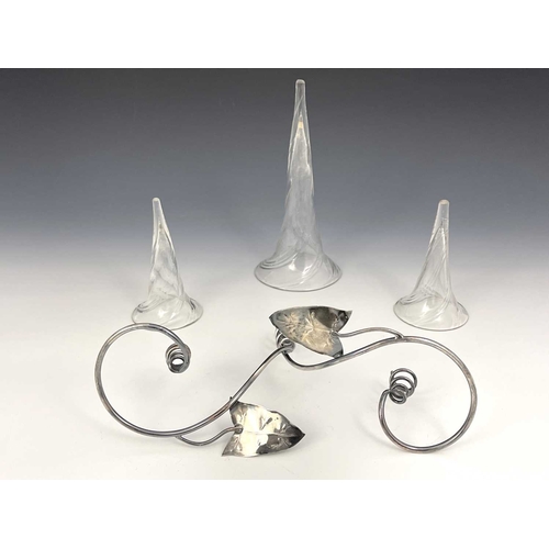 155 - An Arts and Crafts silver plated and glass epergne, the wire stand in the form of an ivy vine with c... 