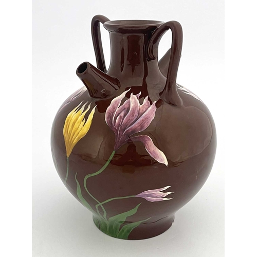 174 - Julius Dressler, an Austrian Art Pottery double spouted bottle vase, Botijo type with two handles, p... 