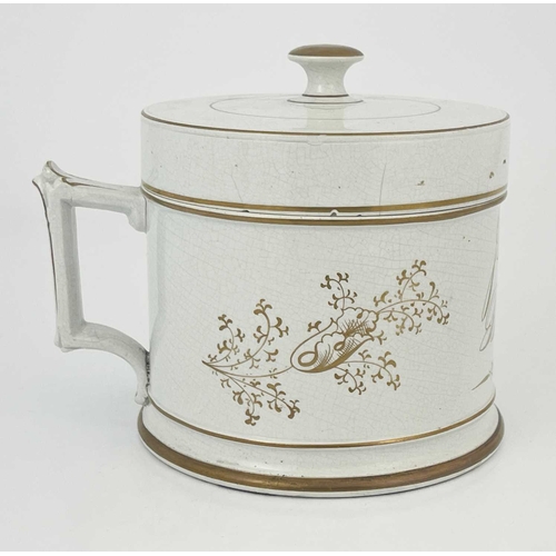 216 - A Staffordshire pottery presentation shaving mug/tankard and cover, circa 1850, with gilded knopped ... 