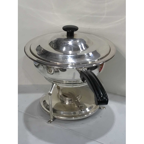 268 - A silver plated chafing dish and stand, circular form with stepped lid and black vinyl handle, the s... 