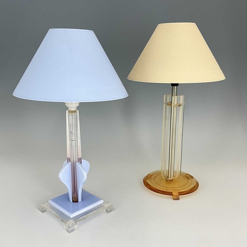 295 - Two Modernist lucite and perspex table lamps, with matching conical shades, 40cm high (2)